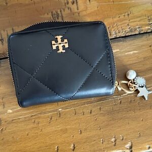 Tory Burch Black Quilted Leather Zip Wallet with Gold Charm Accents